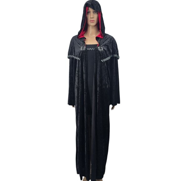 Gothic Hooded Long Cloak With Red Satin Lining & Embellished Trim - Picture 5 of 5